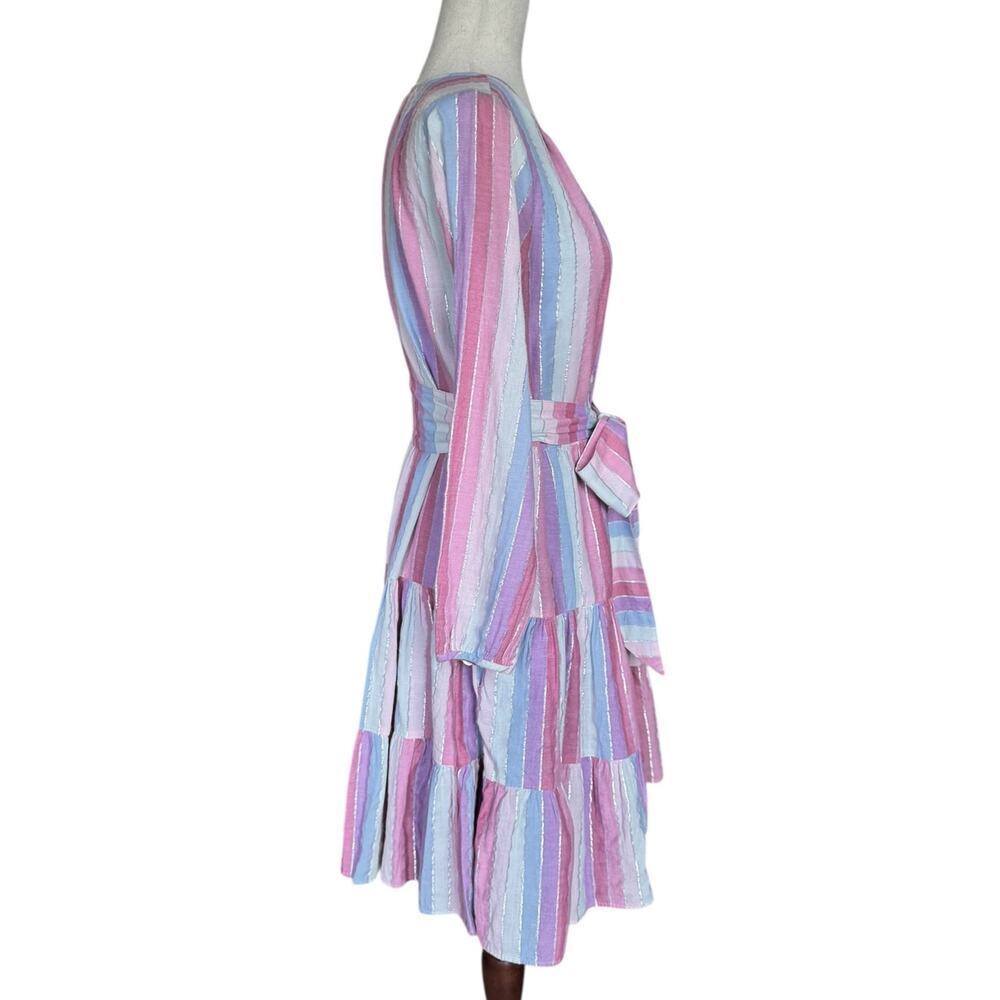 J.Crew Re-Imagined Pastel Stripe Metallic Thread Tiered Belted Dress XS - Picture 3 of 8